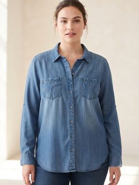 LIVERPOOL Los Angeles Chambray Denim Top XL 25” p2p Medium Blue $98 Retail EUC